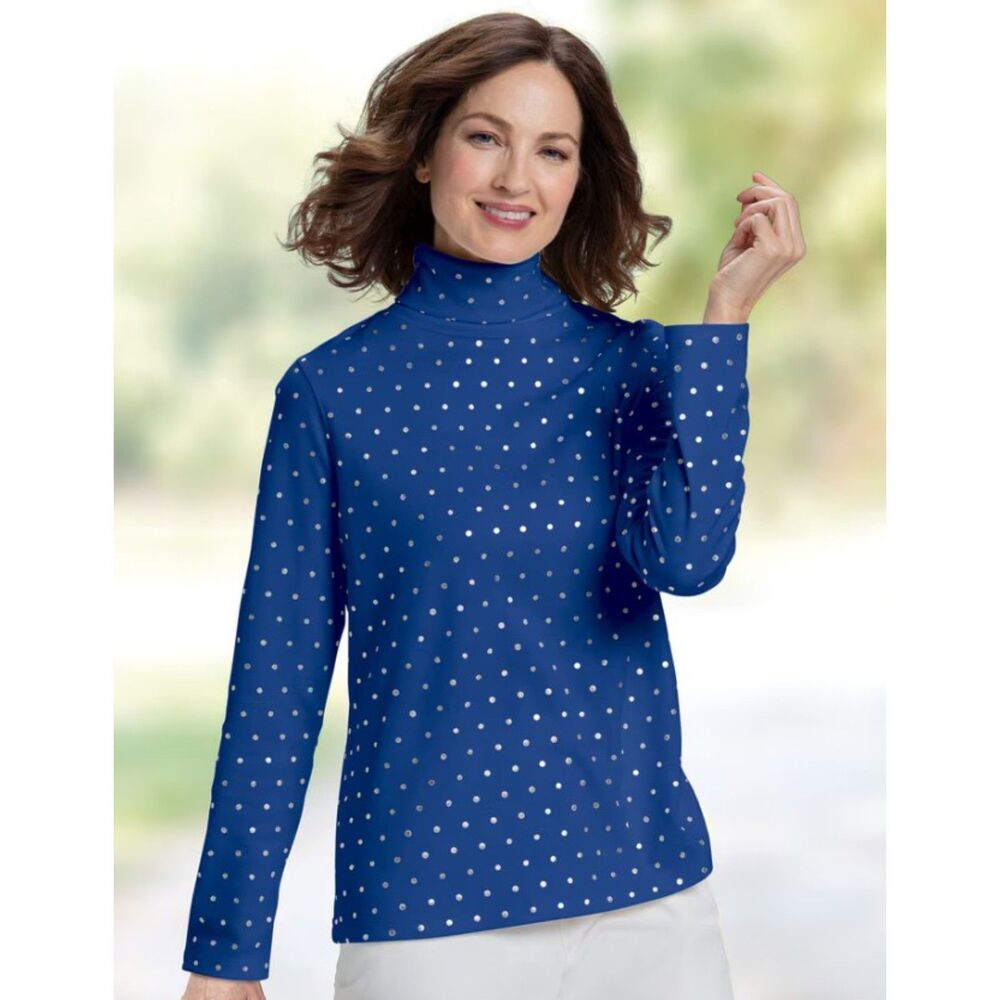 APPLESEEDS Plus Sz 1X Dark Blue & Silver Foil Dots Holiday Turtleneck Shirt NEW